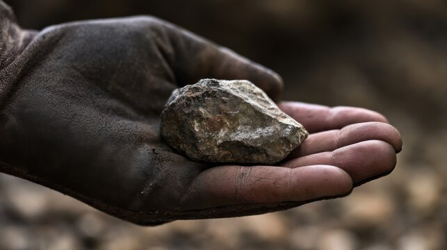 ultra-photorealistic documentary photograph of a freshly mined rare earth mineral specimen being carefully held by a technical worker wearing a rugged dark industrial protective glove