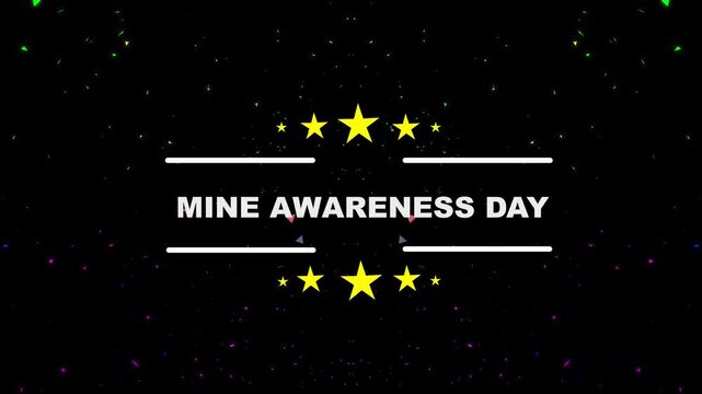  Dynamic mine awareness day animation with stars and bold text overlay for safety campaigns. International day for mine awareness illustration depicting a person using a metal detector for action.. 