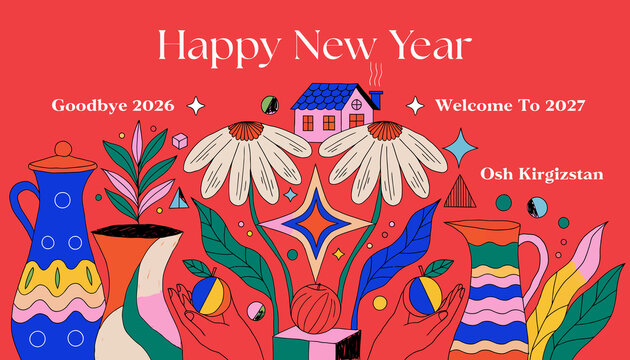 Happy New Year floral greeting card with colorful flowers