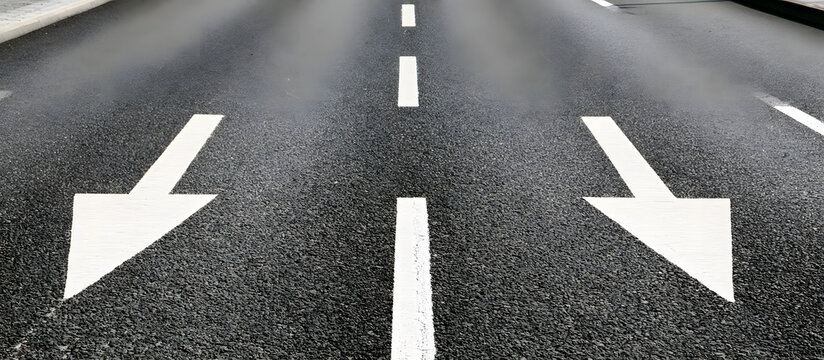 A photograph of an asphalt road, with white arrows and straight lines on a gray background, appears in a vertical orientation, leaving ample space free of individuals