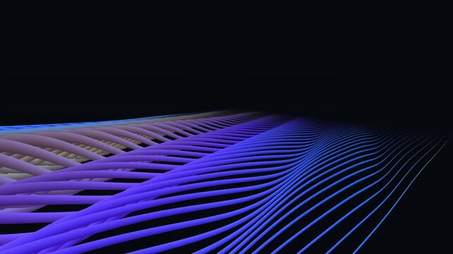 Abstract 3D ribbons smoothly evolve through wave and geometric ridge patterns in dark cyan and copper. Features calm negative space. Ideal for corporate presentation backgrounds and digital signage.