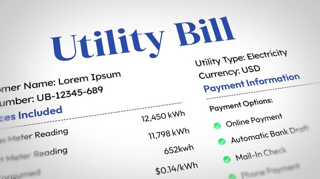 Utility bill close-up showing electricity usage in kilowatt-hours and payment options, 4k animation close up