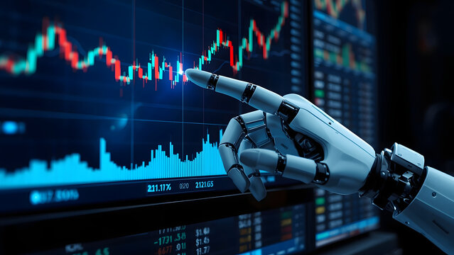 Robotic hand touching financial stock market chart, artificial intelligence trading data, futuristic cyborg arm analyzing digital business graphs