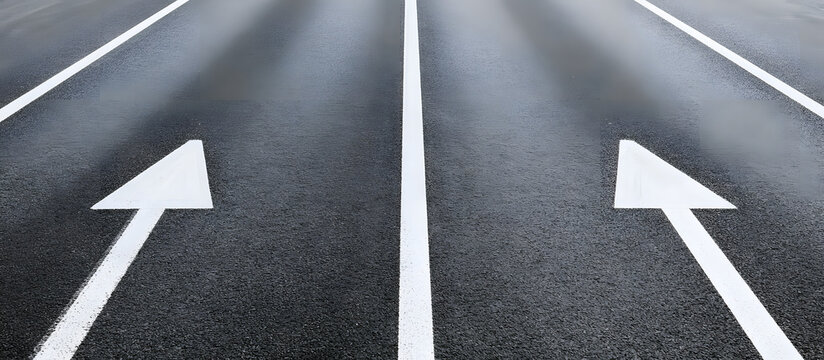 A white arrow and straight line image on a gray surface, resembling an asphalt road, displayed in a vertical orientation, with ample open space free of people
