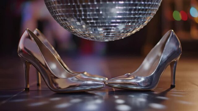 Glamorous silver high heels on a dance floor under a sparkling disco ball.