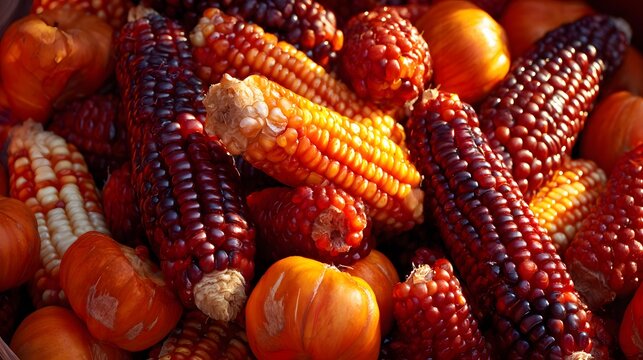 corn ears with detailed texture illuminated by golden sunlight