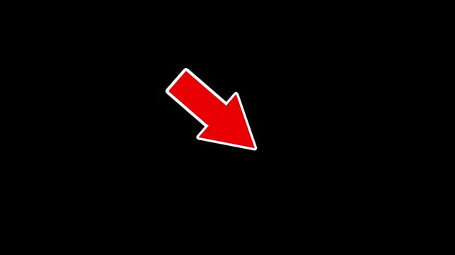 Red diagonal arrow animation pointing down left on transparent background. High quality 4K directional indicator for tutorials, call to action, presentations, navigation, overlays, and motion graphics