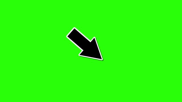 black diagonal arrow animation pointing down left on transparent background. 4K directional indicator for tutorials, call to action, presentations, navigation, overlays, and motion graphics