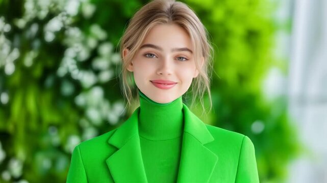 Young woman in bright green blazer smiling and winking at camera against a leafy outdoor background in close portrait