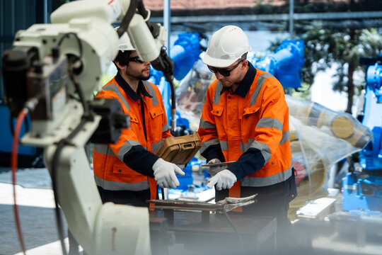 Professional industrial engineers in safety uniforms programming a welding robotic arm with a teach pendant and tablet. Teamwork in modern smart factory manufacturing automation concept.