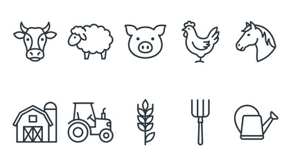 Fototapeta premium Agriculture and Farm Animals Thin Line Icon Set with Cow, Pig, Sheep, Horse, Barn, and Tractor for Organic Farming Designs