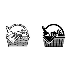 Picnic basket icon with bottle and food outline and silhouette styles, vacation