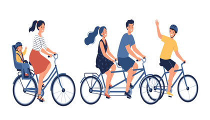 Fototapeta premium Happy family riding bicycles together vector illustration with parents children tandem bike and child seat on white background