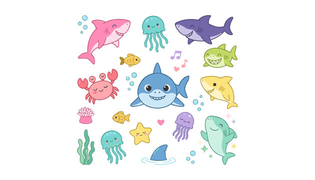 Cute cartoon baby sharks and sea animals vector collection featuring happy colorful fish jellyfish crab starfish and underwater elements