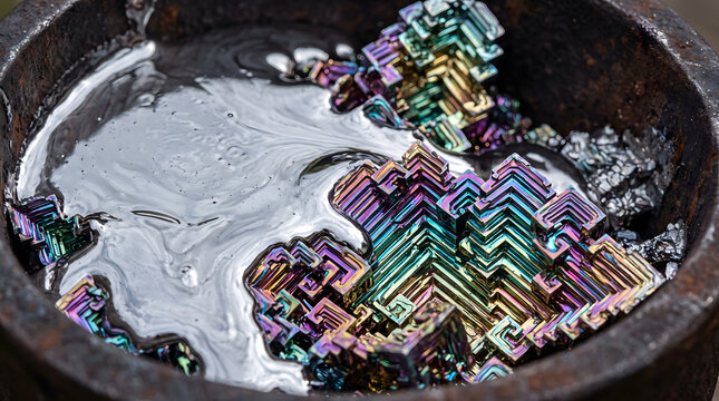 Liquid bismuth crystallizing rainbow oxidation metal texture