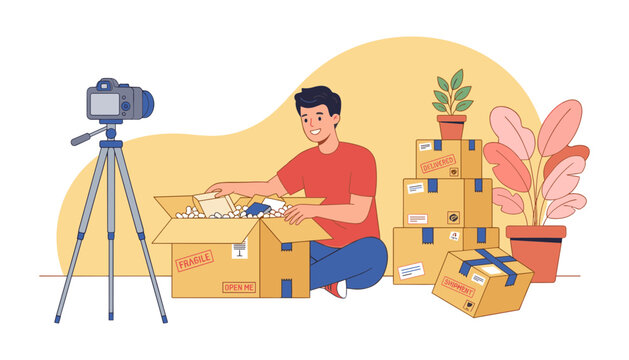 Young male content creator filming unboxing video with camera on tripod opening delivery cardboard boxes vector flat illustration