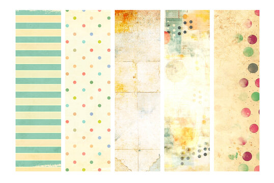 Series of banner featuring vivid, multicolored pattern on vintage paper texture. Set of colorful print is applied to a cardboard background. Collection of horizontal or vertical retro style backdrop