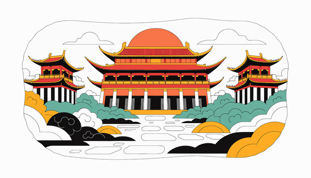 Traditional Asian Temple Architecture with Sunrise and Clouds - Vibrant Illustration