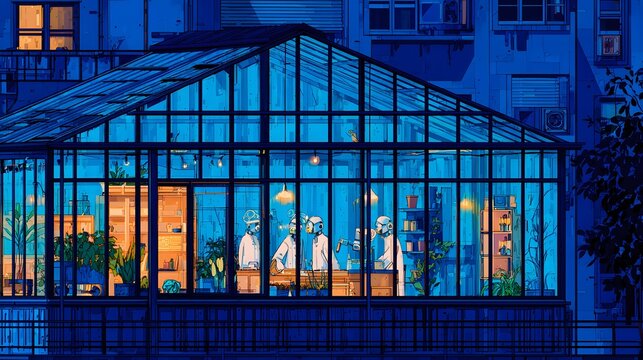 greenhouse with automated robots tending plants in a high-tech agriculture scene