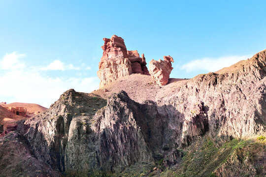 Picturesque scenery of Charyn Canyon in the sunset light, northern region of Tien Shan Mountains. Famous landmark Natural monument Valley of Castles, National Nature Park, Almaty region, Kazakhstan