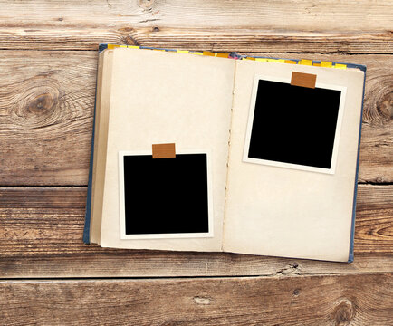 Nostalgic backdrop with moodboard picture for scrapbooking. Open book and retro photo. Vintage style mood board layout. Old aesthetic family memory album design with retro imagery and cozy warm vibes