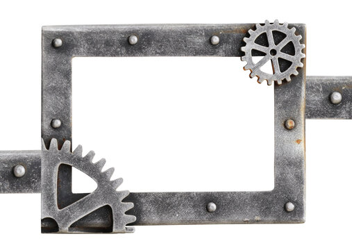 Steampunk industrial mechanical mockup template with metallic frame. Metallic frame with vintage metal detail, gear, retro rivets. Copy space. Isolated on white. Vintage industrial frame mockup design