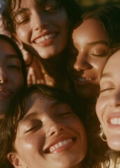 Fototapeta premium Close-up portrait of a group of young women with their eyes closed and smiling. they are arranged in a circle, with their heads close together and their faces close together.
