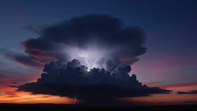 Massive storm cloud silhouette against sunset sky.