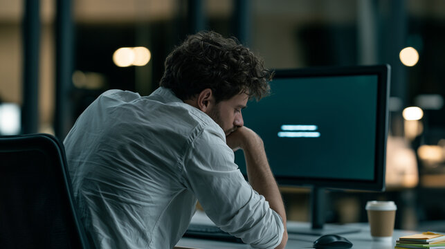 Solitary software tester hunched over a desk in a dim empty lab, back to camera, glow of a frozen loading screen ahead, burnout evident in posture, stack of untouched sticky notes