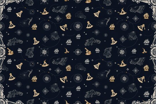 Nautical seamless pattern with vintage sailing ships, compass roses, sextants, and maritime maps on a dark navy blue background texture