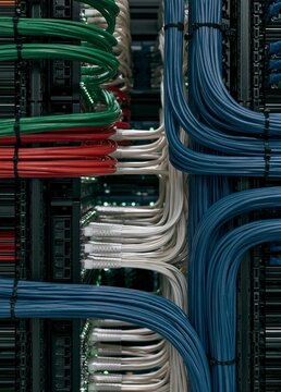 Close-up of a server rack with multiple rows of cables and wires. the cables are of different colors - green, red, white, and blue - and are tangled and tangled together.