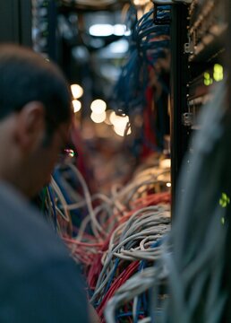 Man working in a server room. he is standing in front of a rack of servers and is focused on his work. the rack is filled with multiple cables of different colors and sizes.