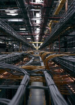 Large room filled with rows of servers and cables. the room appears to be a data center or a server room, as there are multiple rows of cables and wires running along the walls and ceiling.