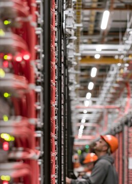 Man wearing an orange hard hat and a gray jacket, working in a large server room. he is standing in front of a rack of red cables and wires, and appears to be inspecting them closely.
