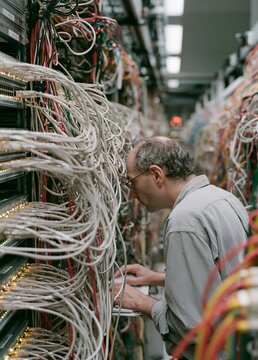 Man working in a server room. he is wearing a gray shirt and glasses and is standing in front of a rack of servers with multiple rows of cables and wires.