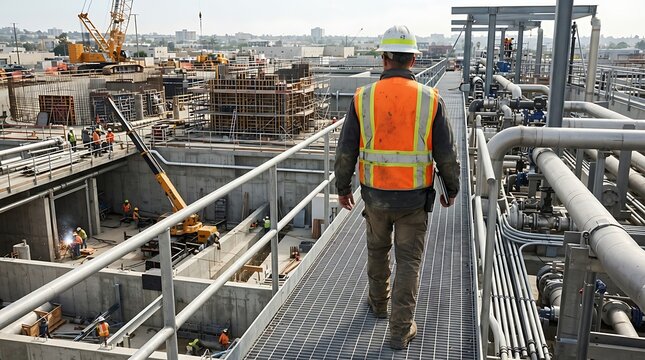 Construction Engineer Inspecting Progress at a Large Industrial Infrastructure Site