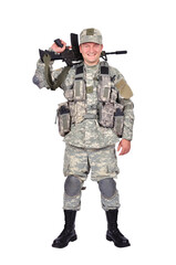 Fototapeta premium Soldier in camouflage uniform holding rifle on shoulder.