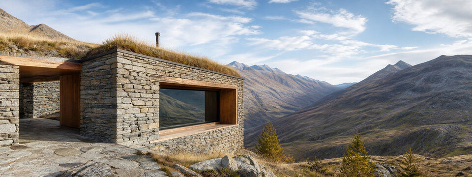 Dry stacked stone mountain shelter with a planted roof