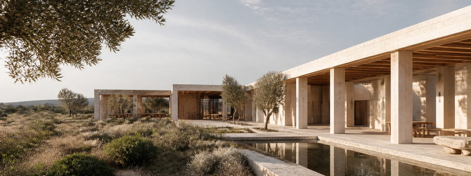 Local limestone pavilion with shaded climate responsive colonnade