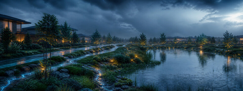 Connected rain gardens and detention pond during gentle rain
