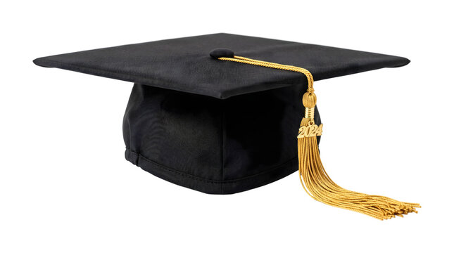 Black graduation cap with gold tassel and 2024 charm displayed at angle as PNG isolated on transparent background