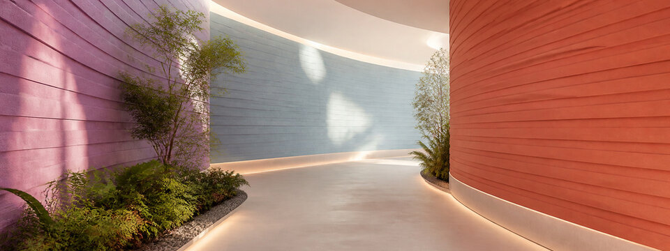 Acoustic wellness corridor in coral lavender and mist blue