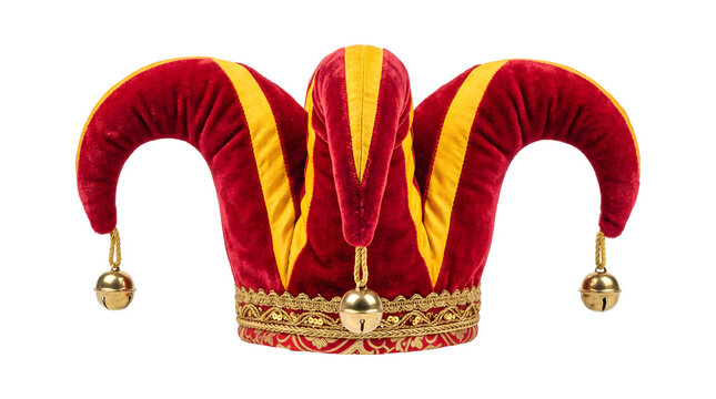 Red and gold jester hat with three curled points and golden bells shown as PNG isolated on transparent background
