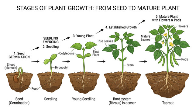 Educational diagram showing the biological stages of plant growth from seed germination to a mature flowering plant.