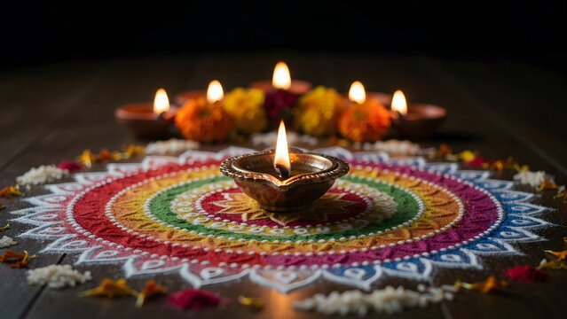 Diwali diya lamps lit on a colorful rangoli pattern with marigold flowers on a wooden table, traditional indian festival of lights celebration
