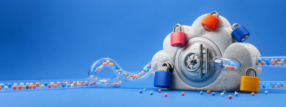 Playful locks and cloud forms visualizing cybersecurity protection