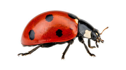 Red spotted ladybug beetle with black legs and antennae shown in side profile as PNG isolated on transparent background © Inkartia