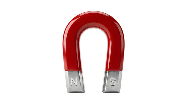 Red horseshoe magnet with silver north and south pole ends shown as PNG isolated on transparent background