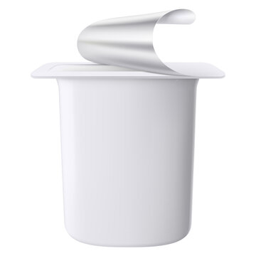 Plastic packages with yogurt. Dairy sour cream with foil lid, cap isolated on white background with clipping path. Realistic 3d rendering