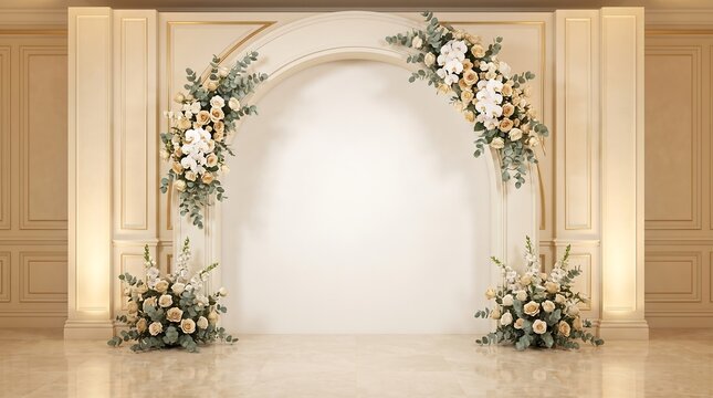 Classical white and gold arch wedding stage backdrop with roses